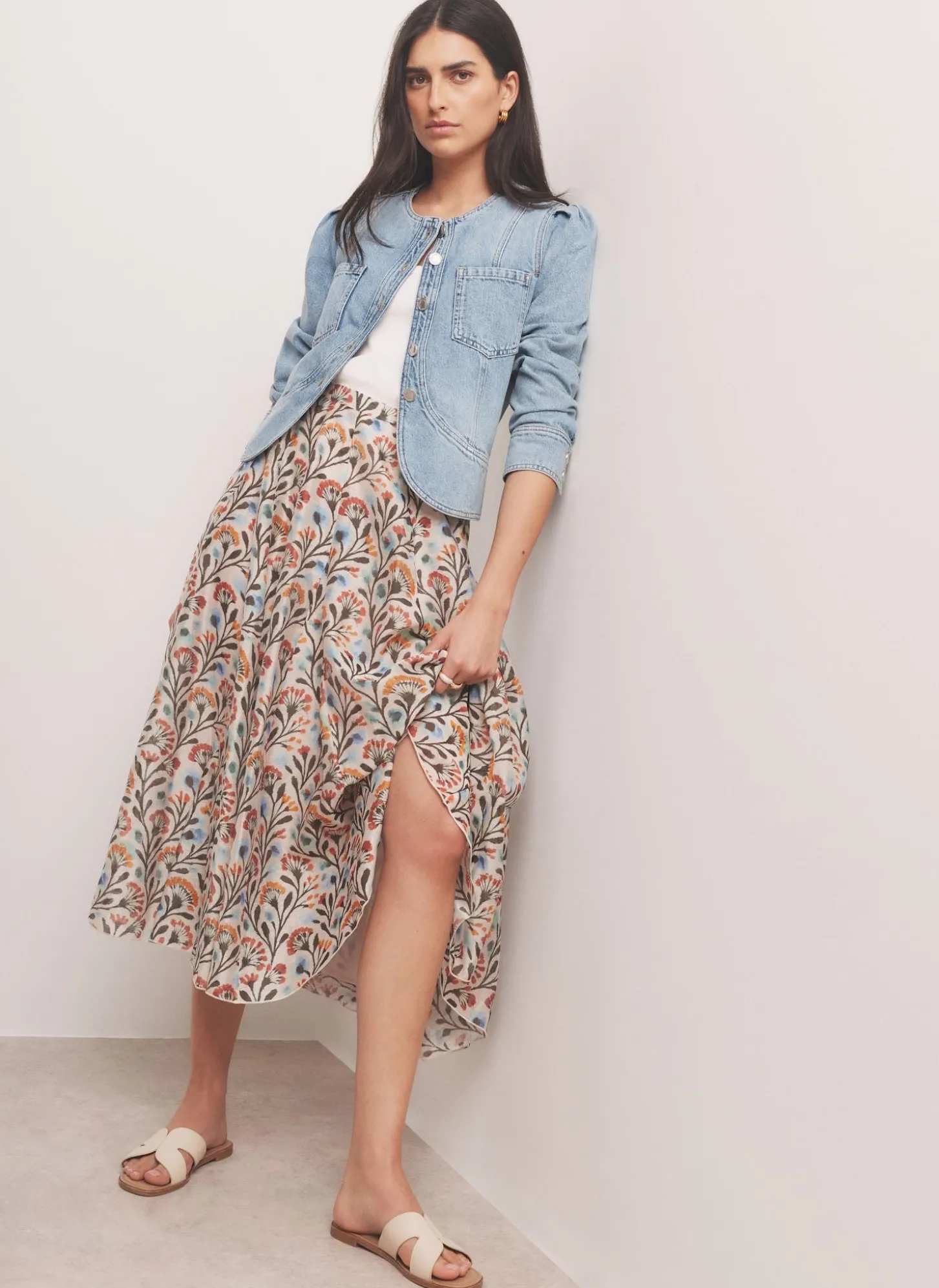 Neutral Floral Print Midi Skirt