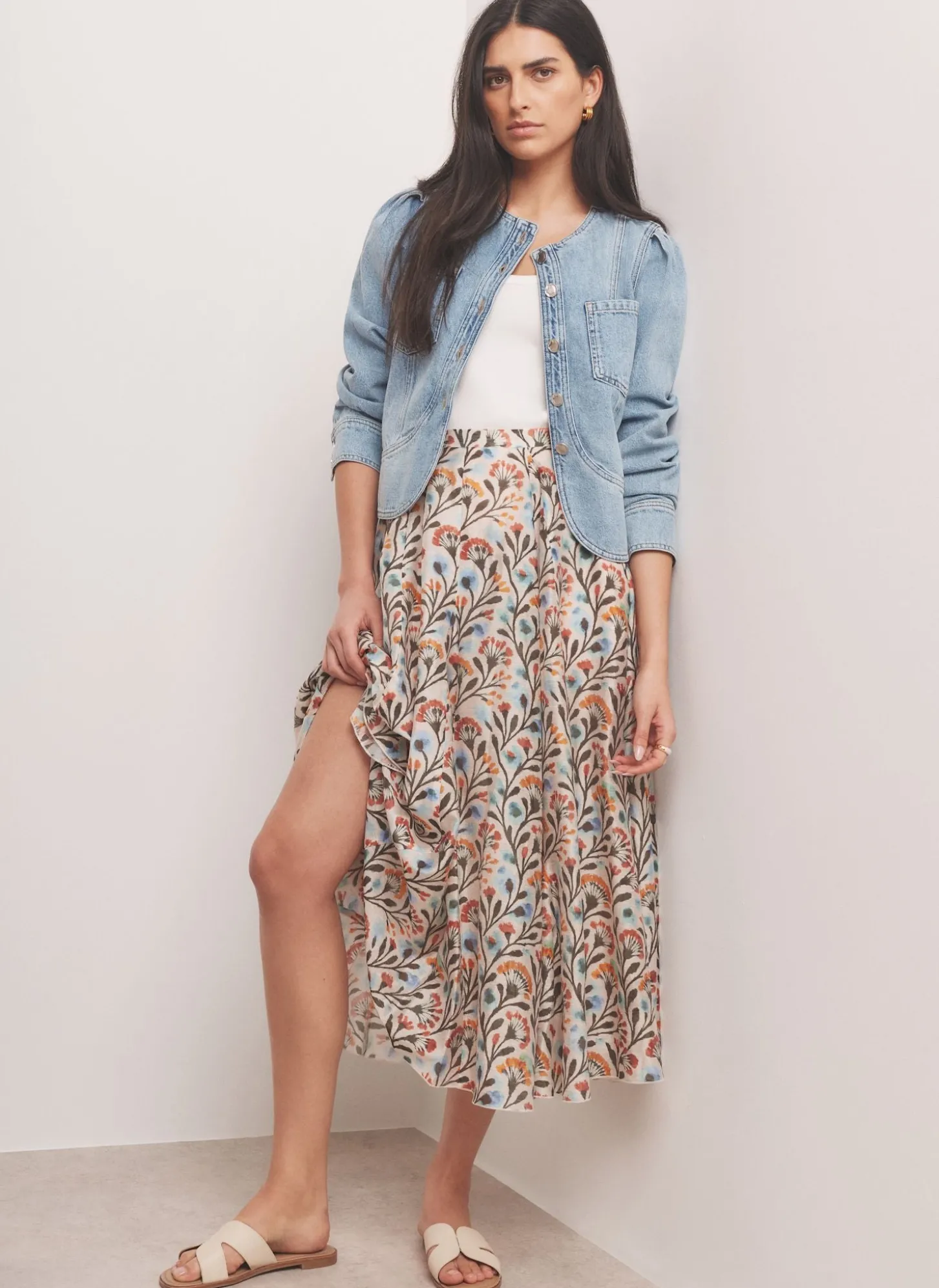 Neutral Floral Print Midi Skirt