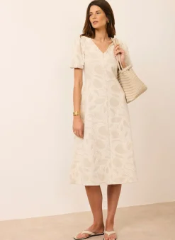 Neutral Jacquard Puff Sleeve Midi Dress