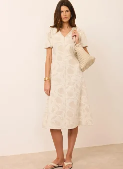 Neutral Jacquard Puff Sleeve Midi Dress