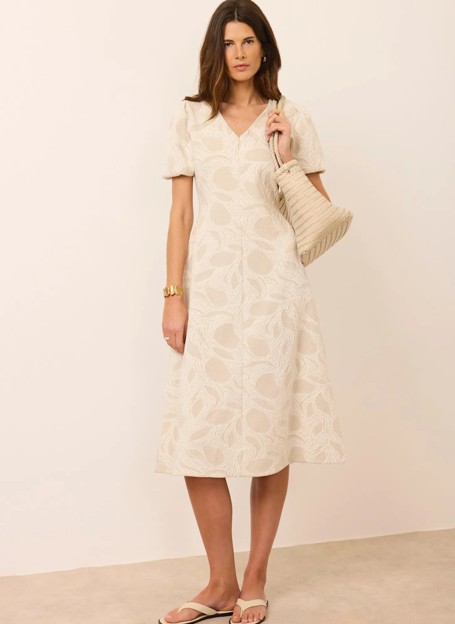 Neutral Jacquard Puff Sleeve Midi Dress