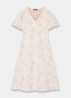 Neutral Jacquard Puff Sleeve Midi Dress