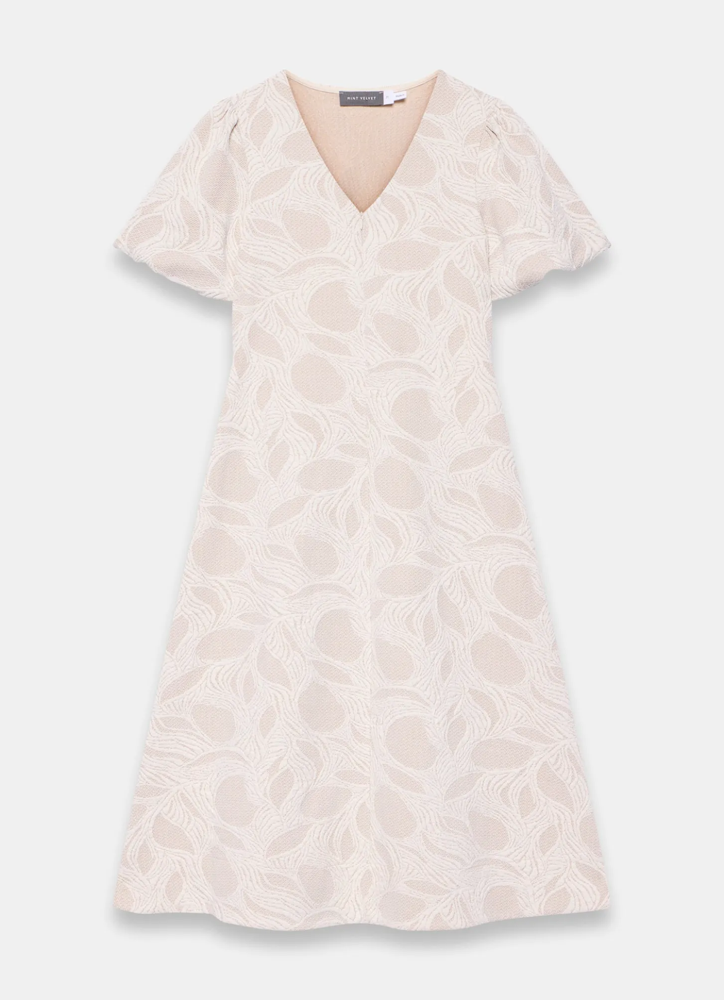 Neutral Jacquard Puff Sleeve Midi Dress