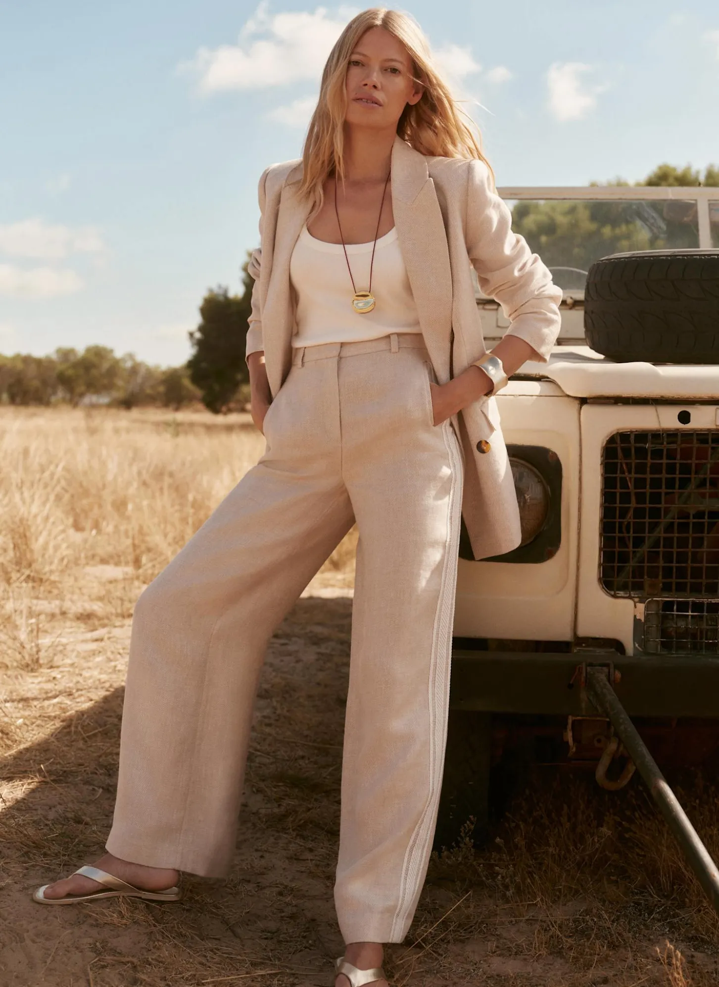 Neutral Linen Side Stripe Trousers