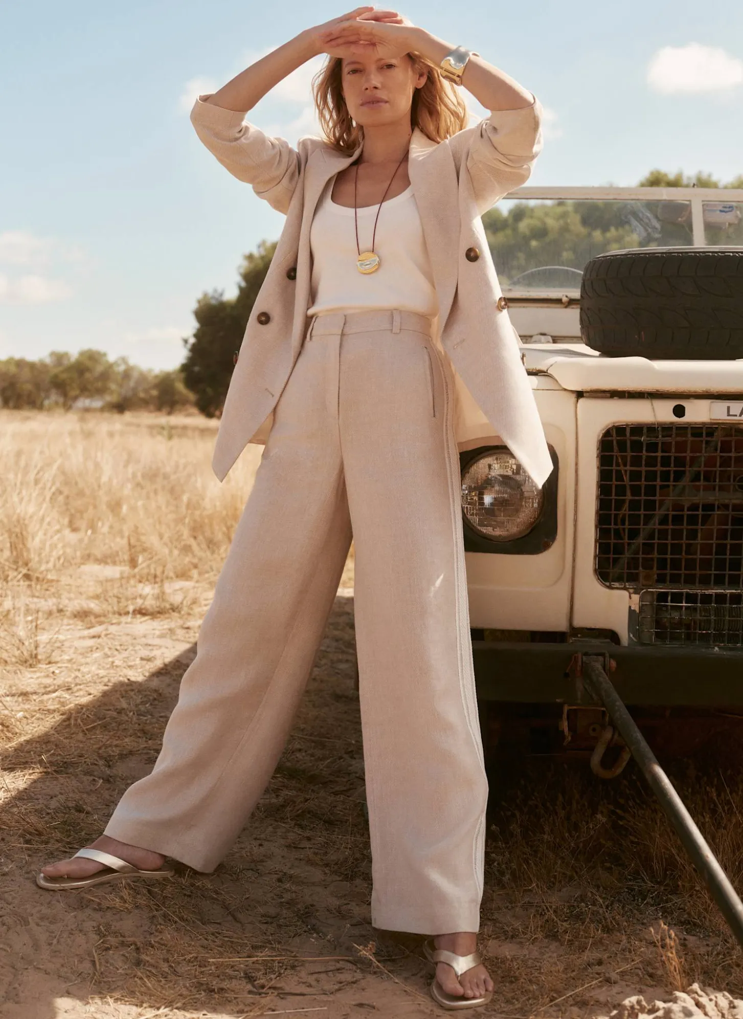 Neutral Linen Side Stripe Trousers