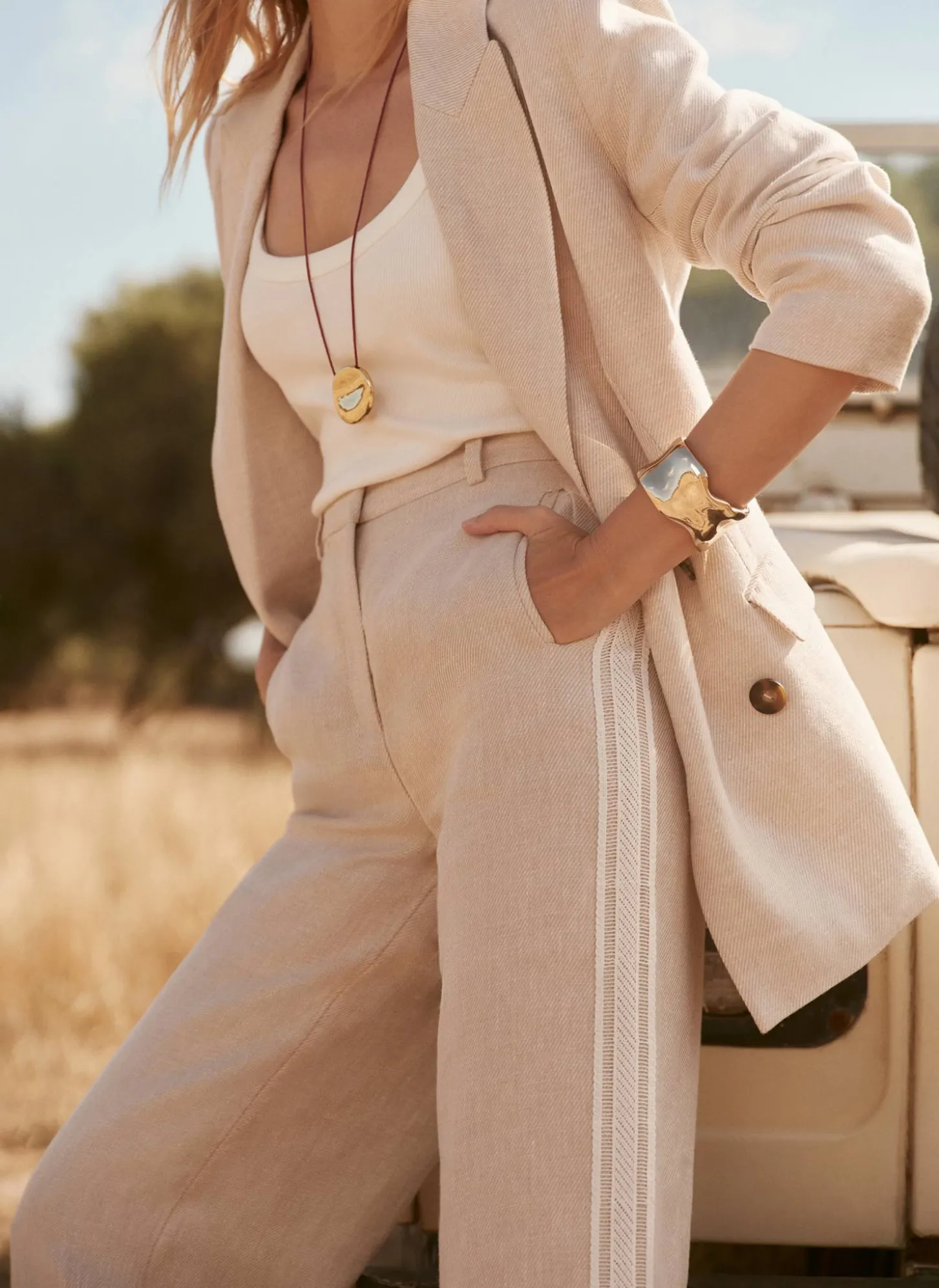 Neutral Linen Side Stripe Trousers