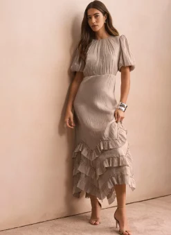 Neutral Metallic Ruffle Maxi Dress