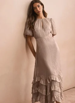 Neutral Metallic Ruffle Maxi Dress