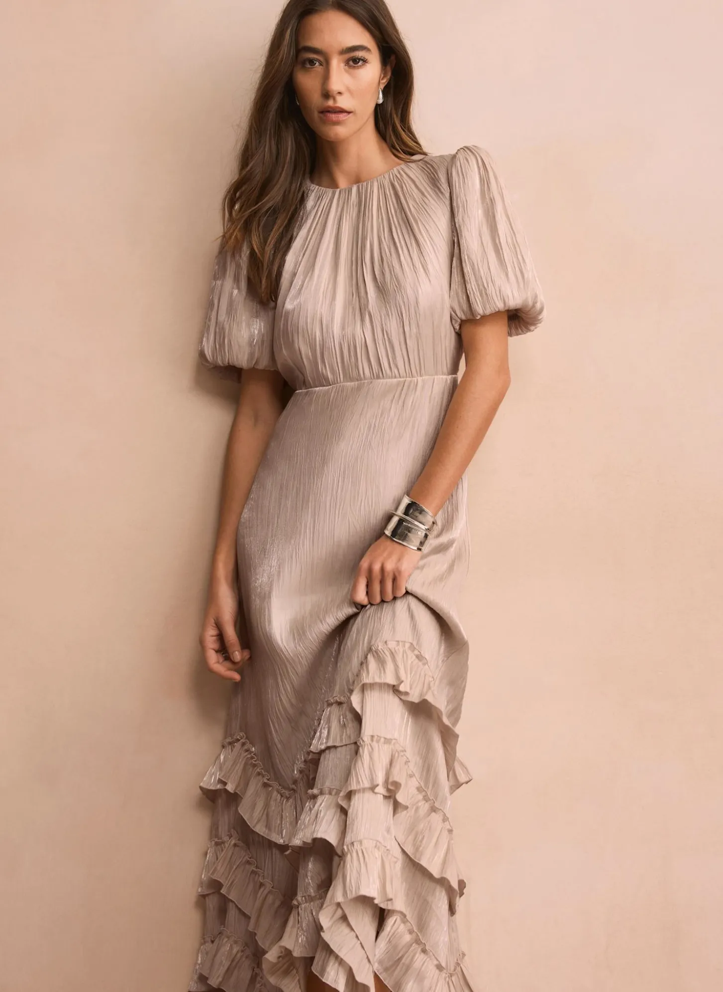 Neutral Metallic Ruffle Maxi Dress