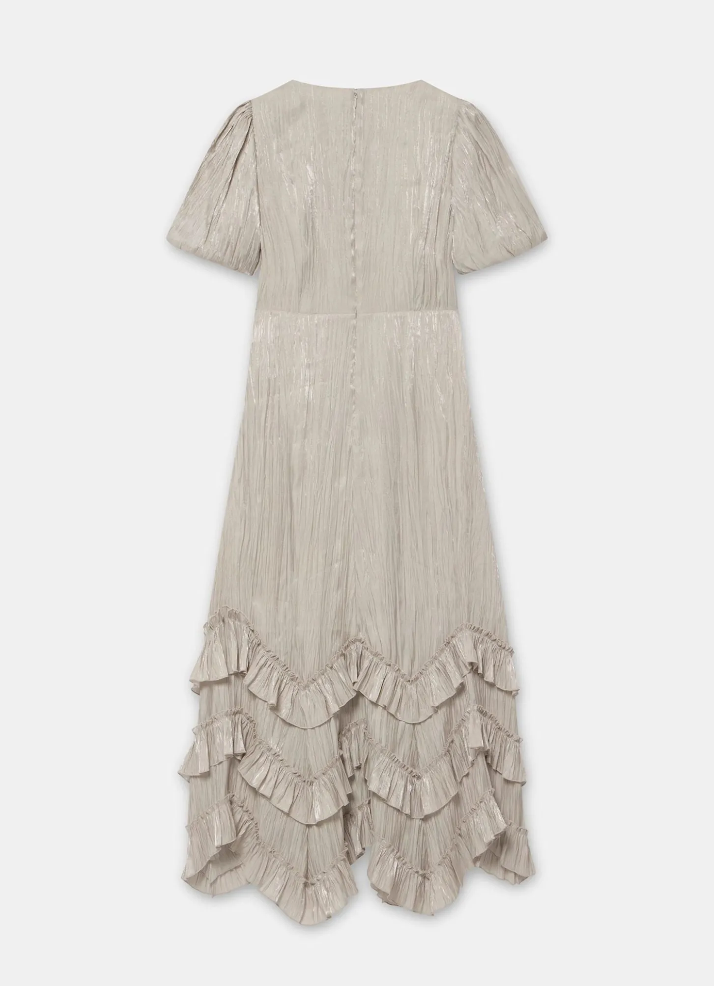 Neutral Metallic Ruffle Maxi Dress