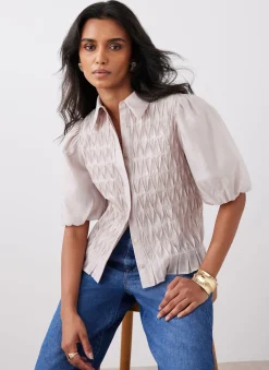 Neutral Puff Sleeve Smock Shirt