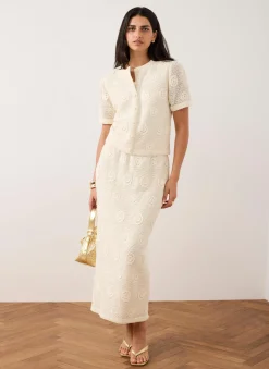 Neutral Sequin Floral Crochet Midi Skirt