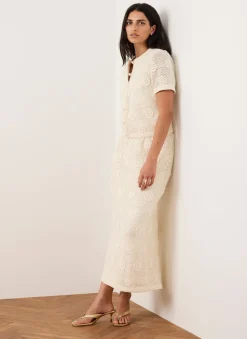 Neutral Sequin Floral Crochet Midi Skirt