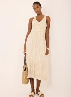 Neutral Striped Cotton Midi Dress