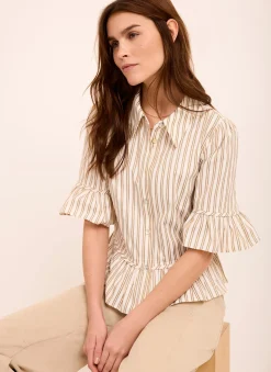 Neutral Striped Ruffle Trim Shirt