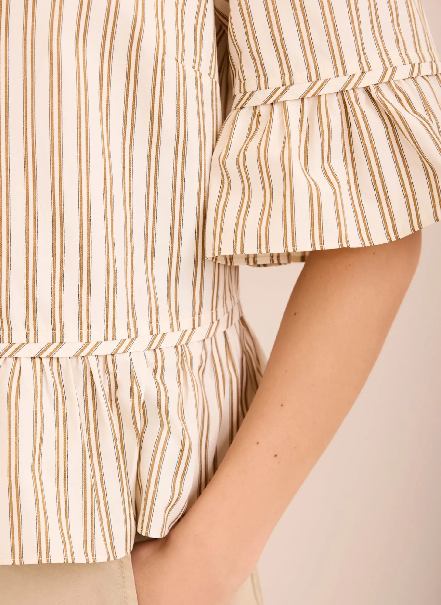 Neutral Striped Ruffle Trim Shirt