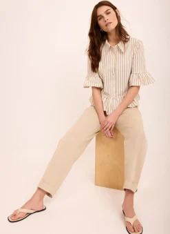 Neutral Striped Ruffle Trim Shirt