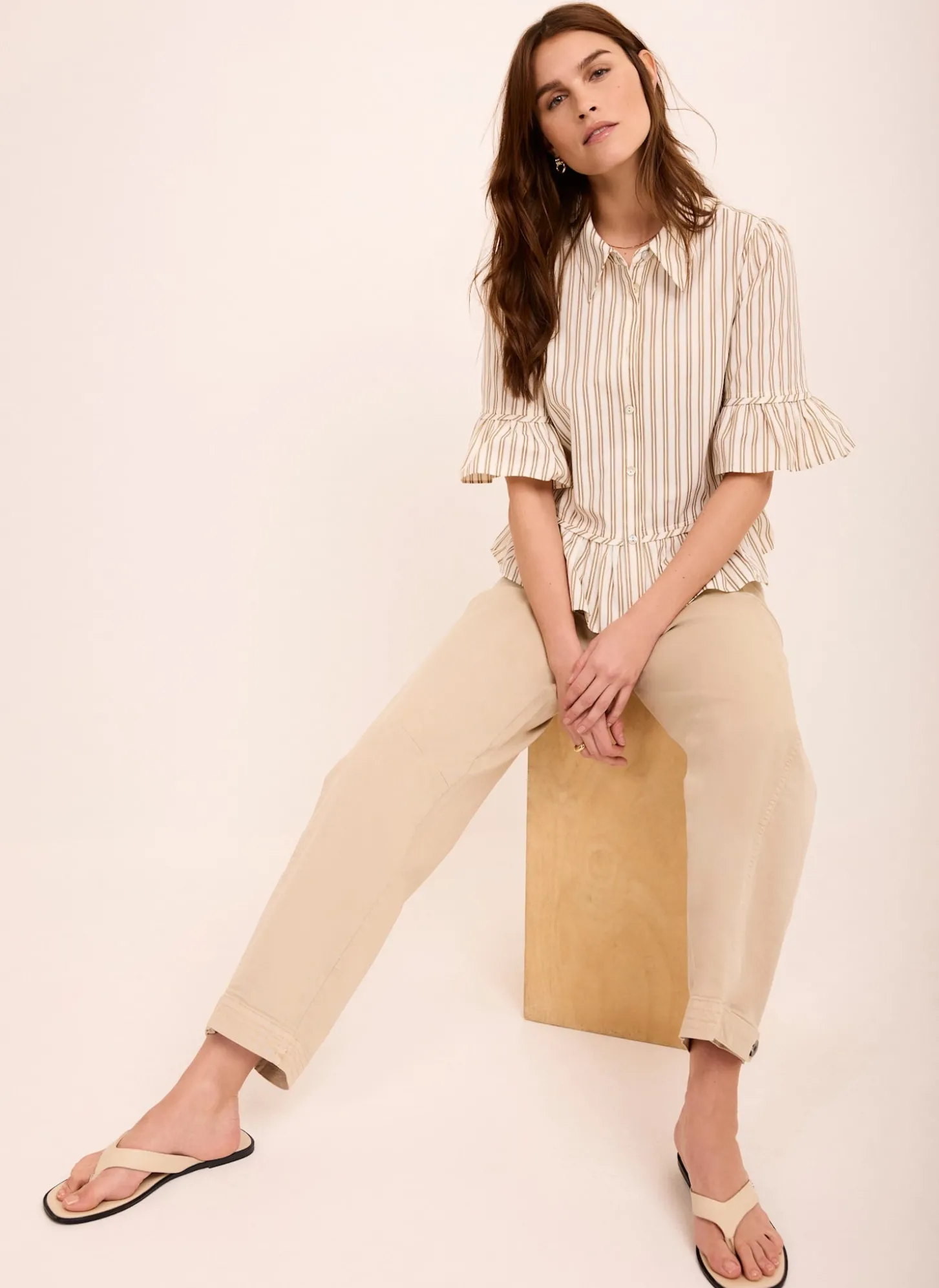 Neutral Striped Ruffle Trim Shirt