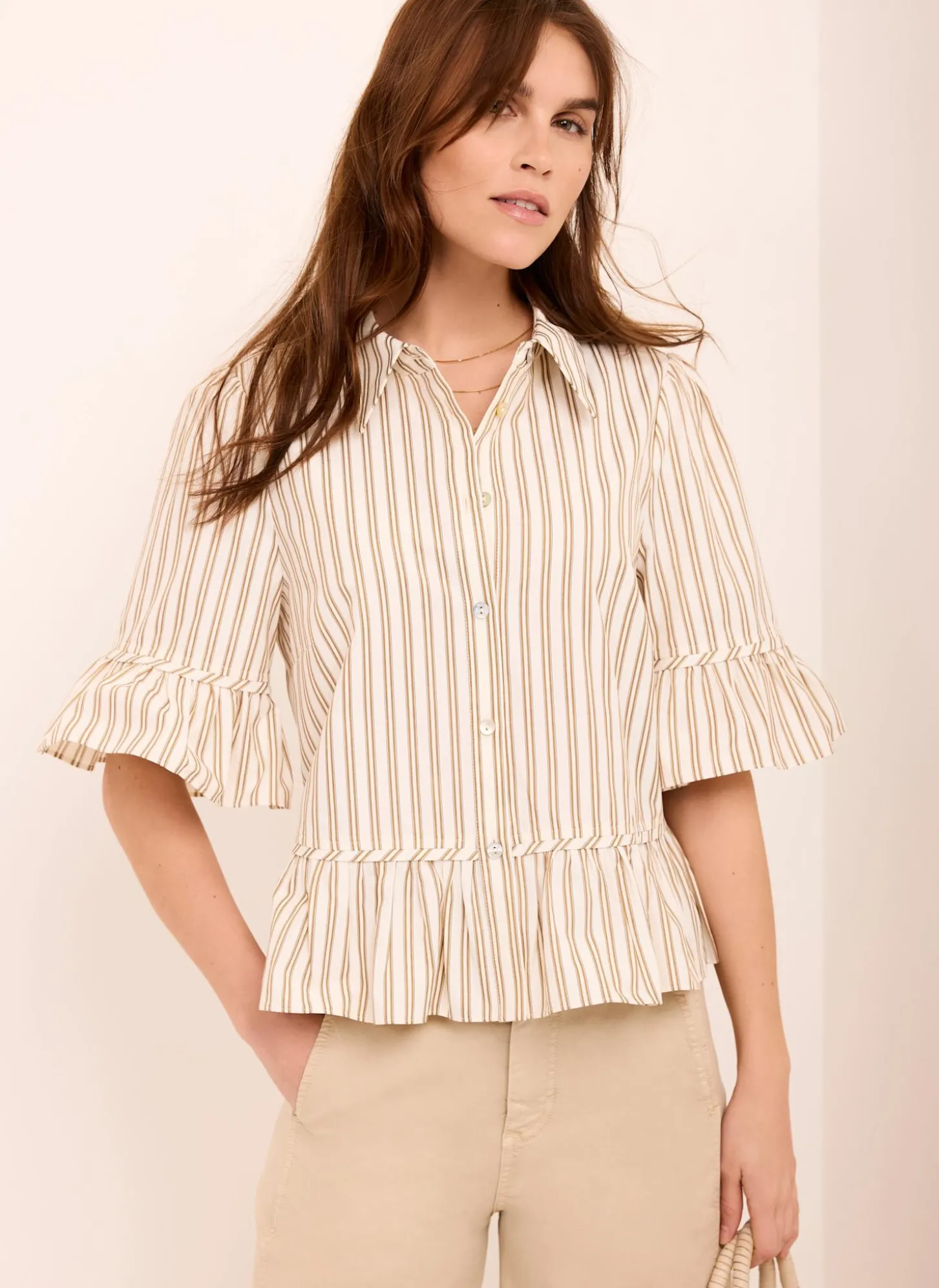 Neutral Striped Ruffle Trim Shirt