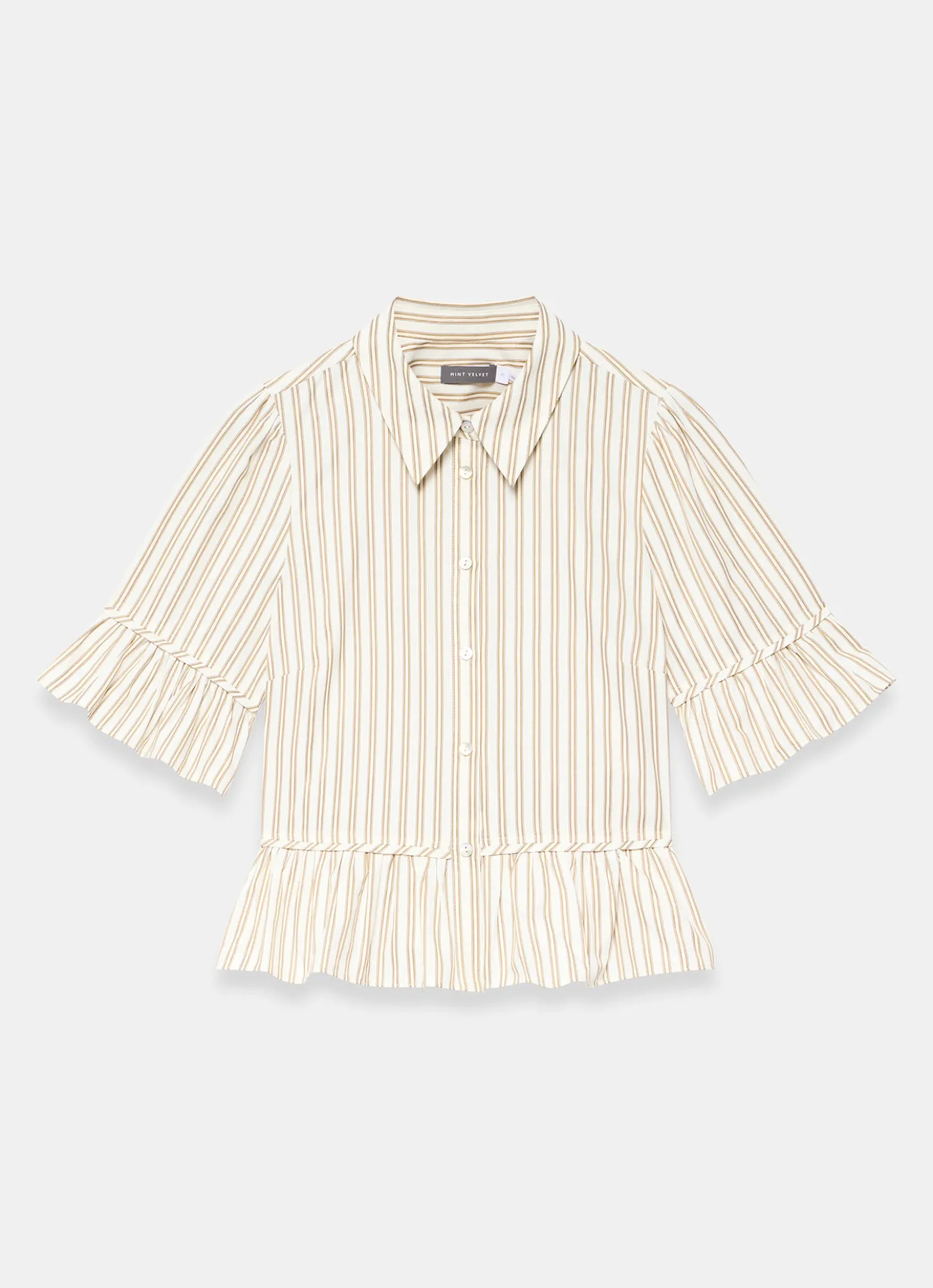 Neutral Striped Ruffle Trim Shirt