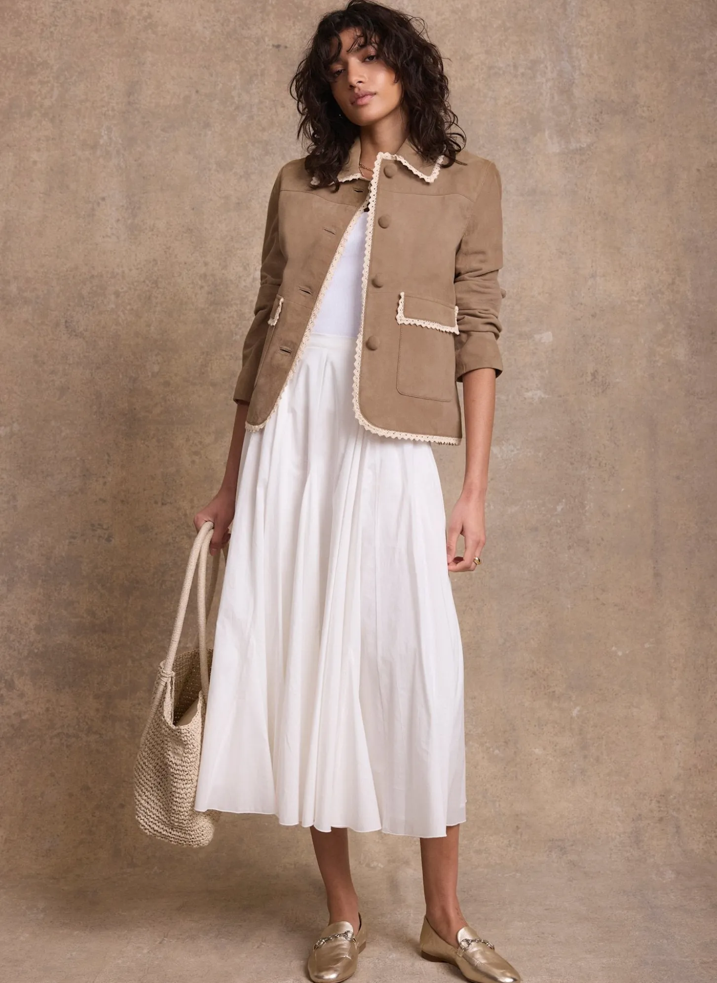 Neutral Suede Crochet Trim Jacket