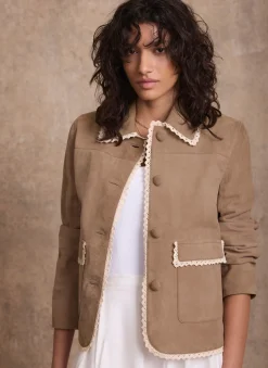 Neutral Suede Crochet Trim Jacket