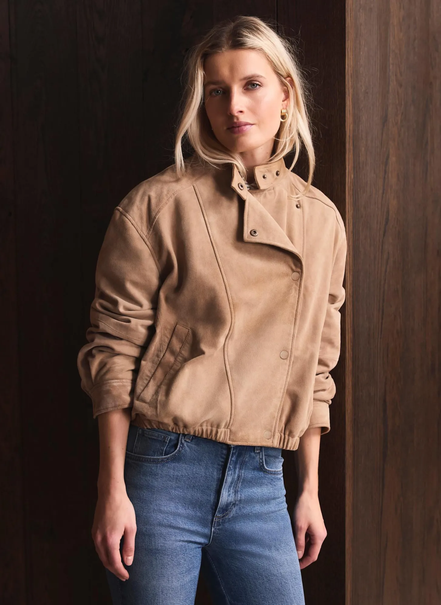 Neutral Suede Cropped Pilot Bomber Jacket