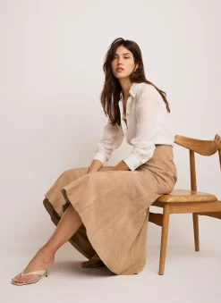 Neutral Suede Godet Midi Skirt