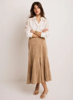 Neutral Suede Godet Midi Skirt
