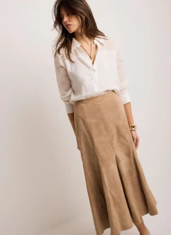 Neutral Suede Godet Midi Skirt