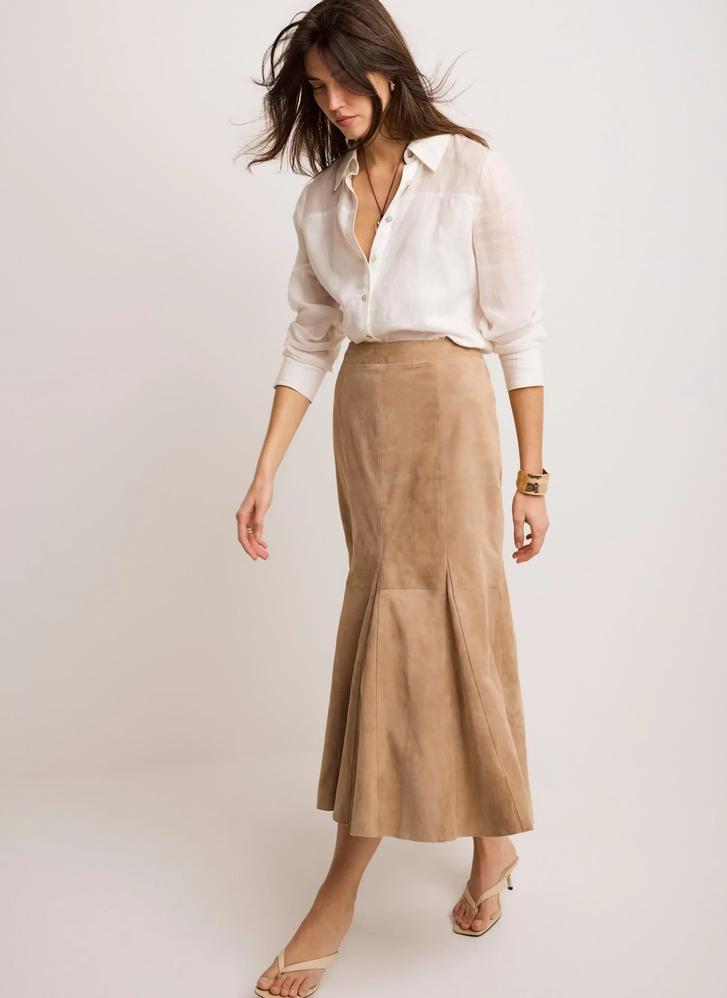 Neutral Suede Godet Midi Skirt