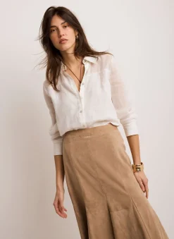 Neutral Suede Godet Midi Skirt