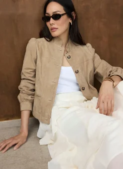 Neutral Suede Puff Sleeve Jacket