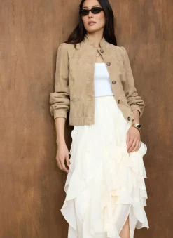 Neutral Suede Puff Sleeve Jacket