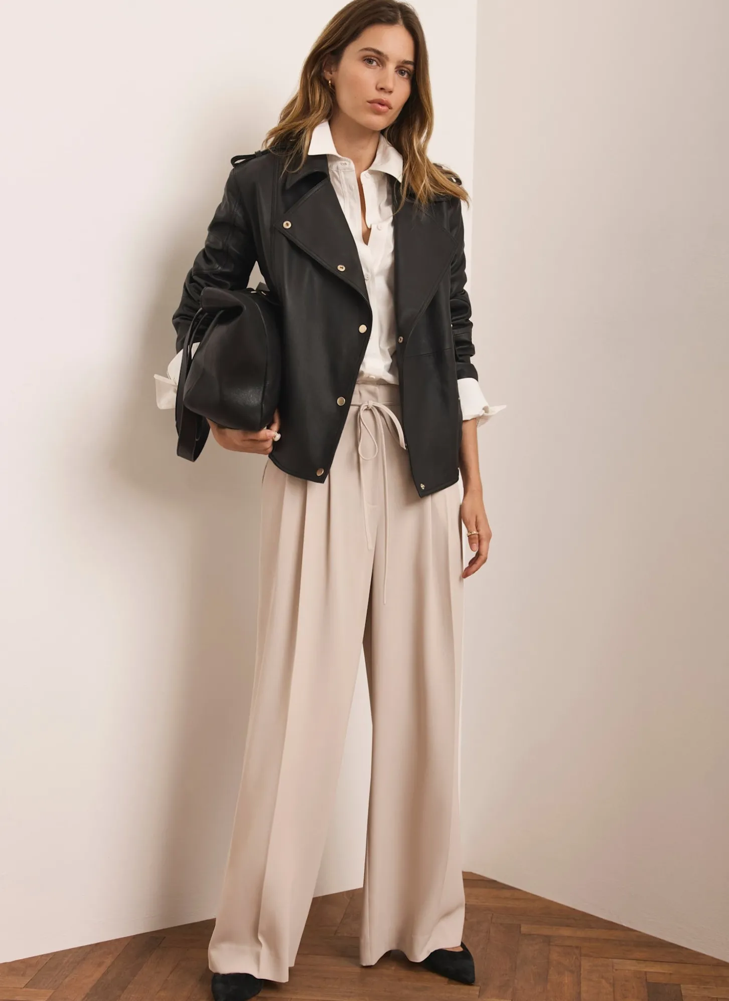 Neutral Tie Waist Wide Trousers