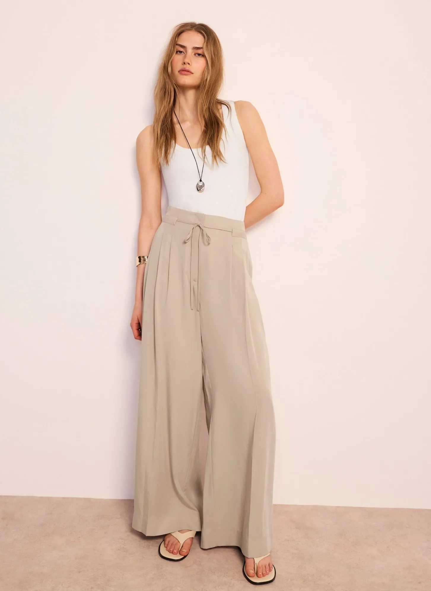 Neutral Tie Waist Wide Trousers