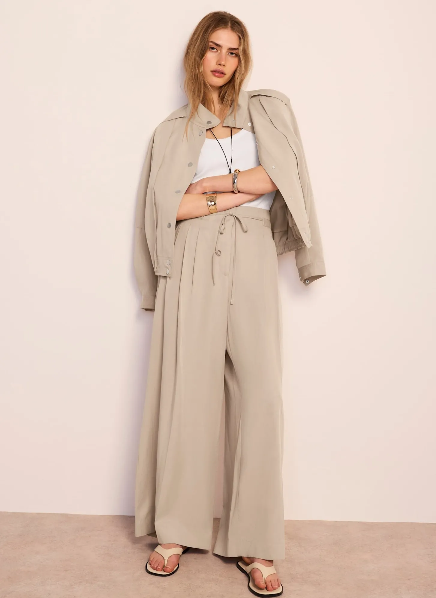 Neutral Tie Waist Wide Trousers