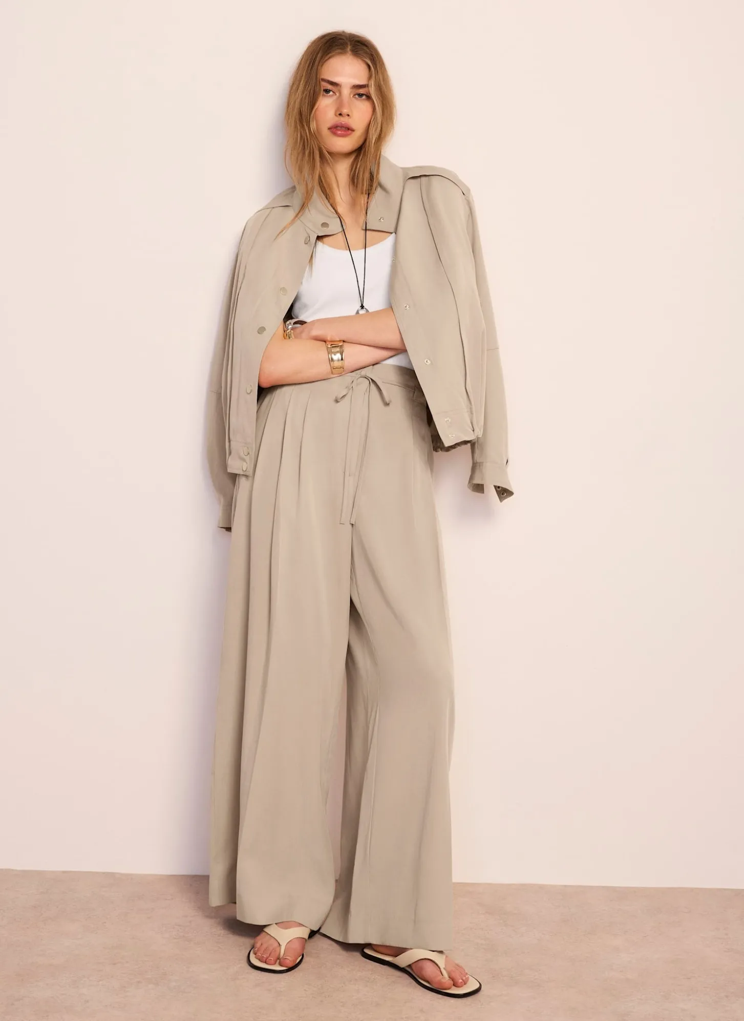 Neutral Tie Waist Wide Trousers