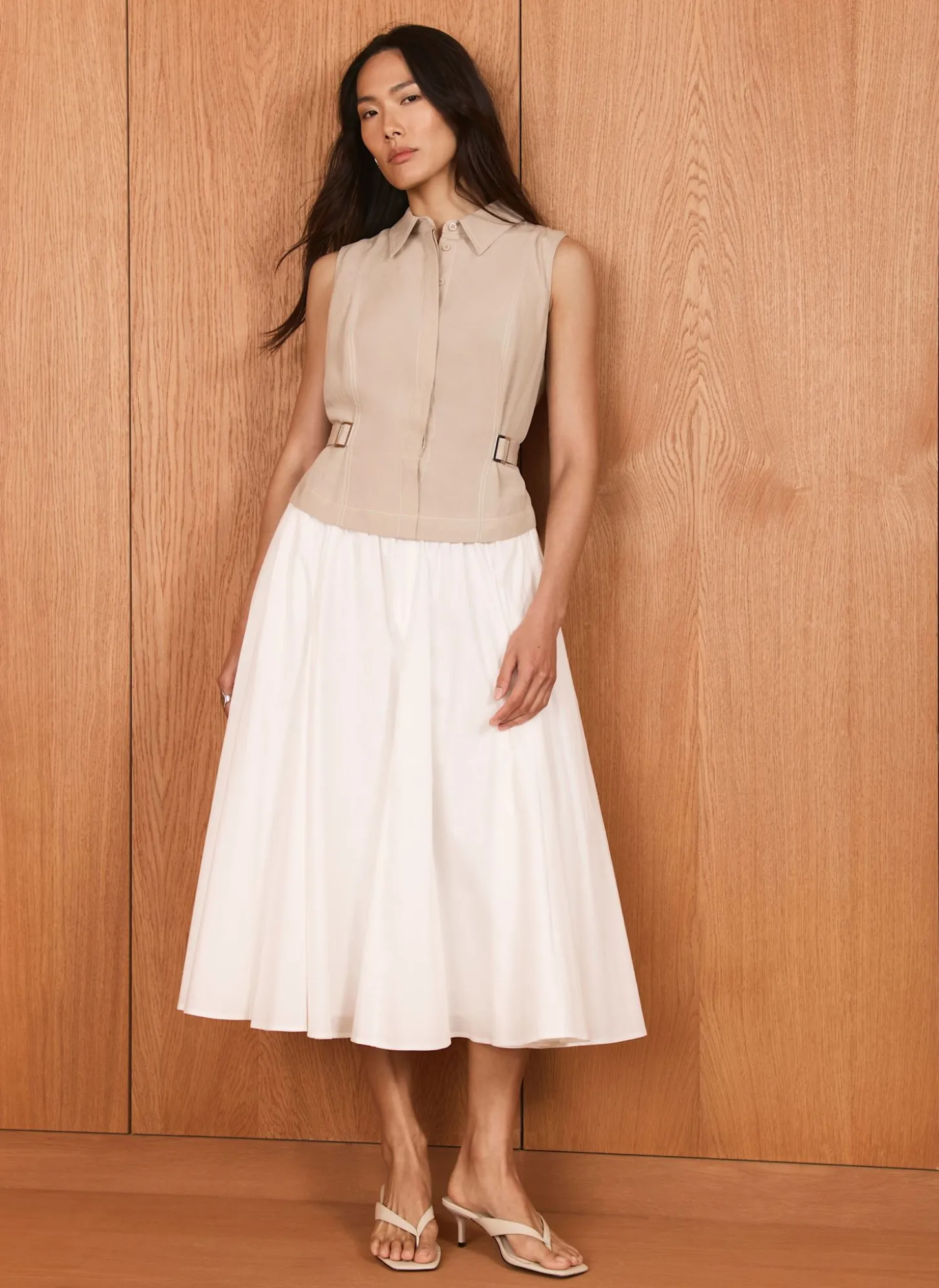 Neutral Waistcoat Layered Midi Dress