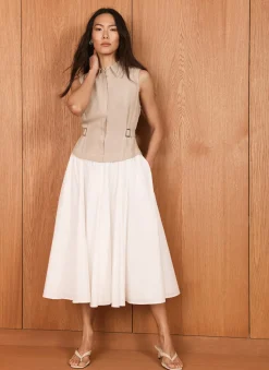 Neutral Waistcoat Layered Midi Dress
