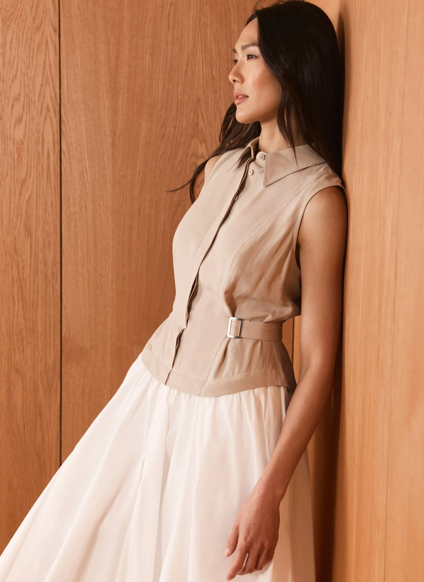 Neutral Waistcoat Layered Midi Dress