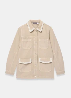 Neutral Washed Lace Trim Shacket
