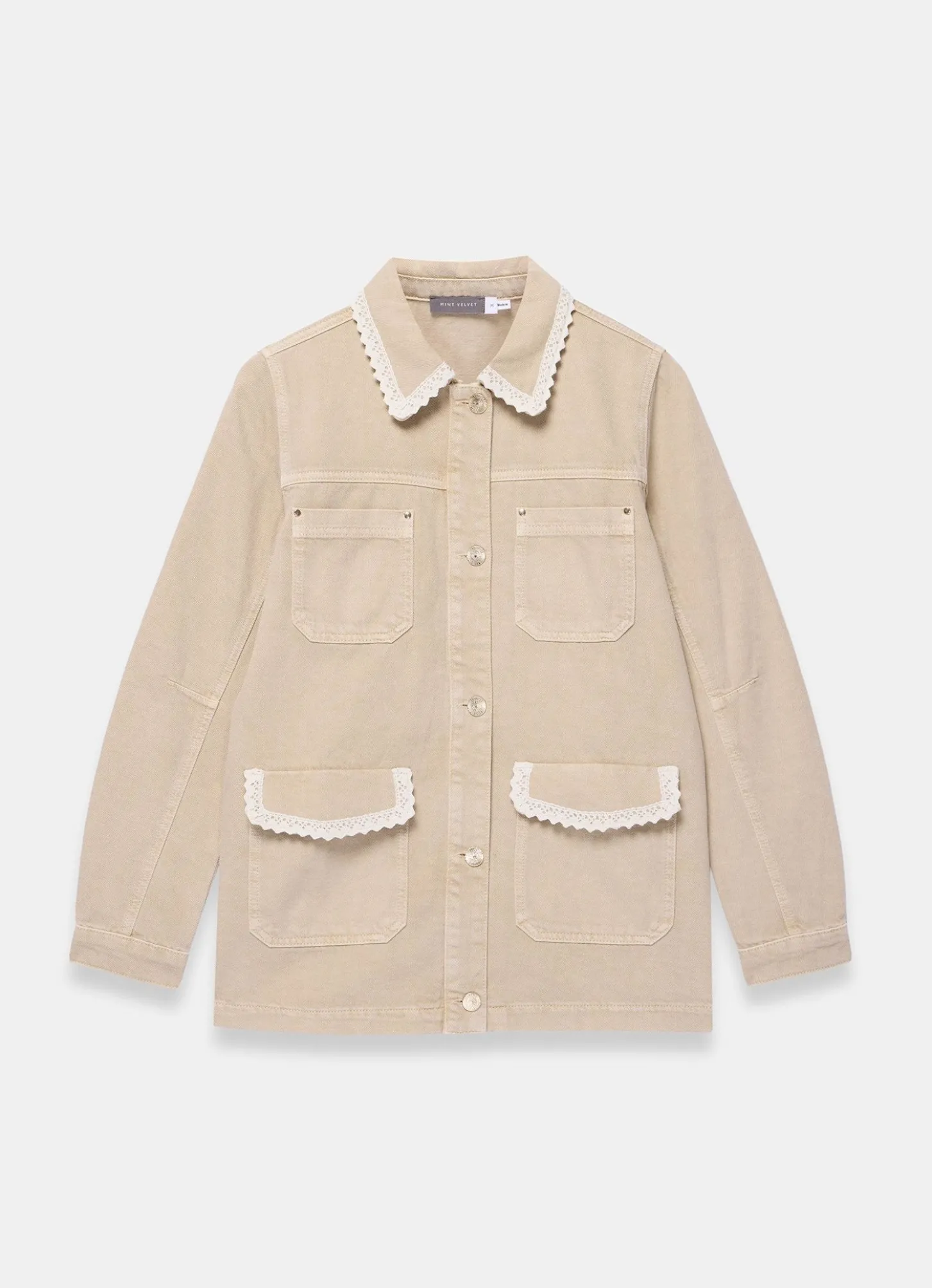 Neutral Washed Lace Trim Shacket