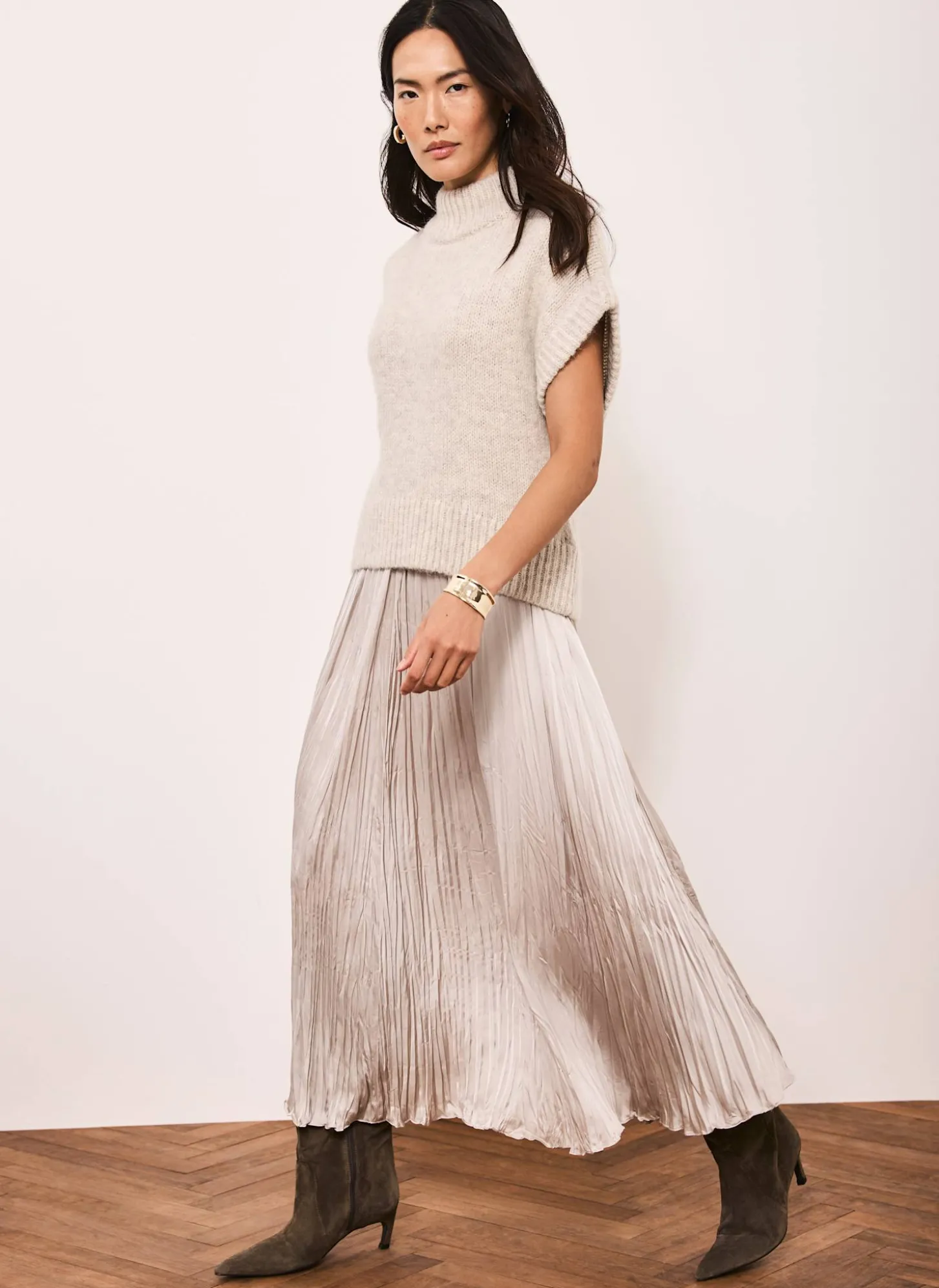 Neutral Wool Blend Layered Maxi Dress