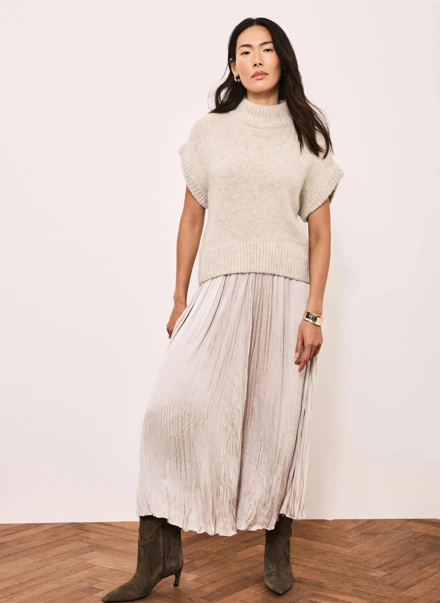 Neutral Wool Blend Layered Maxi Dress