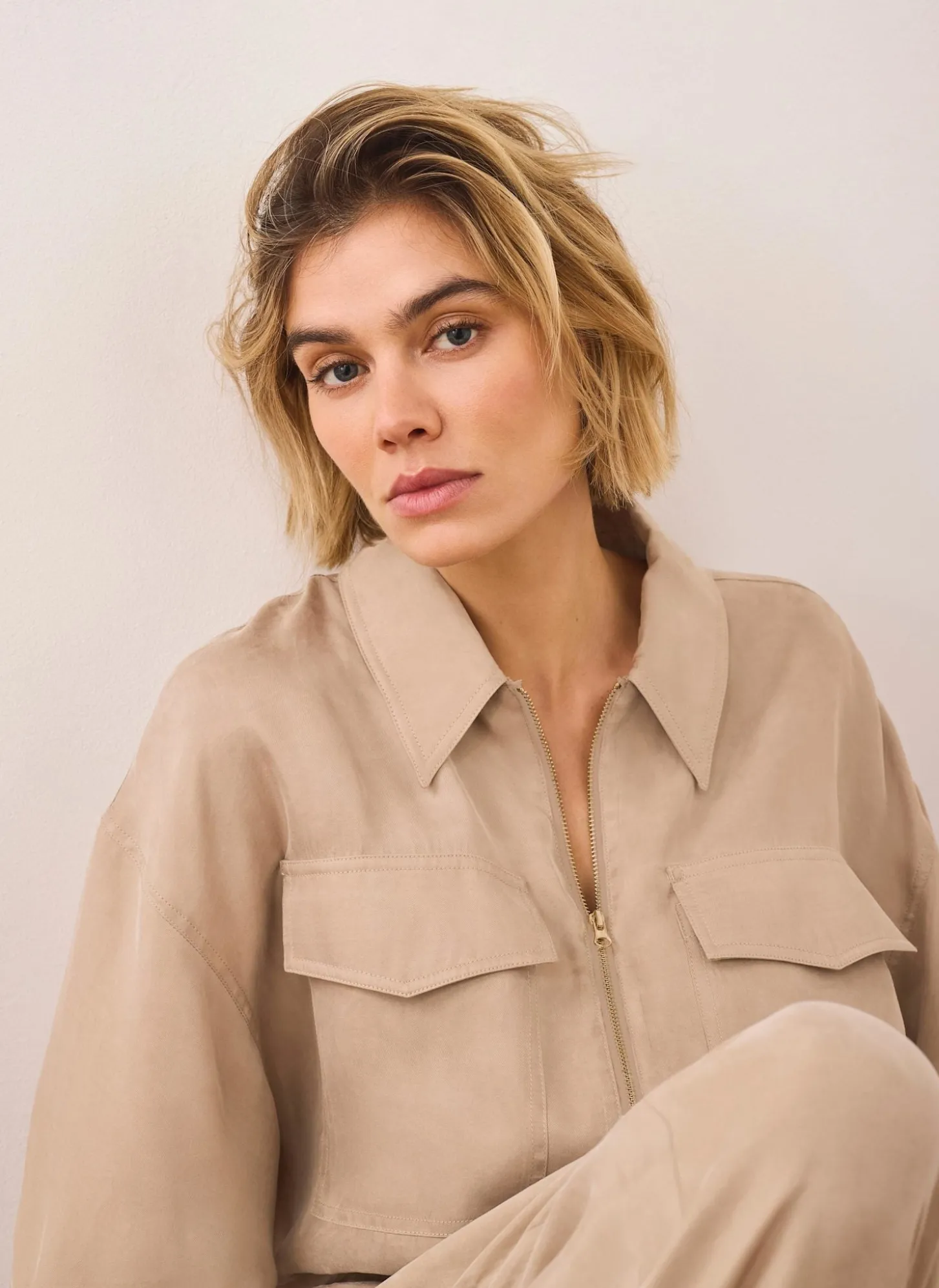 Neutral Zip Detail Blouse