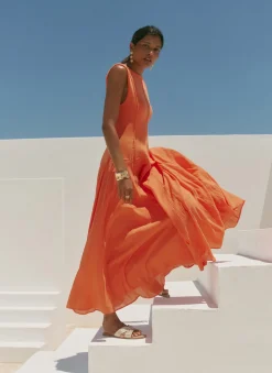 Orange Cotton Blend Drop Waist Maxi Dress