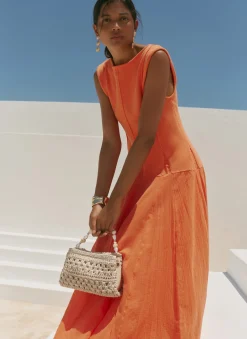 Orange Cotton Blend Drop Waist Maxi Dress