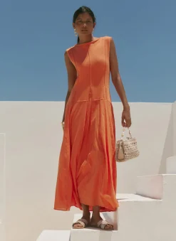 Orange Cotton Blend Drop Waist Maxi Dress