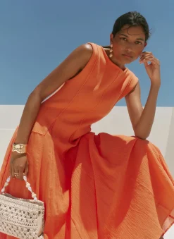 Orange Cotton Blend Drop Waist Maxi Dress
